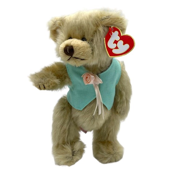 Ty Attic Treasures Collection OLIVIA Bear Blue vest Beanie Bear Jointed Posable - Picture 1 of 12